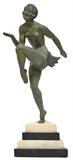 Art Deco Metal Figure of Nude Woman on Marble Triangular Base.