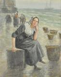 Fine Watercolor of Dutch Woman in Harbor sgd. Tunison.