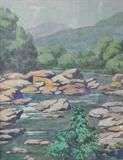 WATERCOLOR OF STREAM & ROCKS BY MARIE BLANKE. MEASURES 12" X 10".