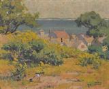 OIL PAINTING OF LAKESIDE HOMES SGD MARIE BLANKE. AS IS - HOLES IN CANVAS. MEASURES 18" X 22". OIL ON CANVAS.