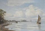 OIL ON CANVAS PAINTING SGD. JOHANN NEUMANN. OF SAILBOAT & SHORELINE. DATED 1909. MEASURES 13" X 18 1/2".