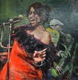 OIL ON BOARD PAINTING OF BLUES OR JAZZ SINGER. SIGNATURE INDECIPHERABLE. MEASURES 20" X 20".