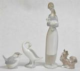LOT: 4 LLADRO FIGURINES- GIRL W/LAMB, BIRDS, DOG.