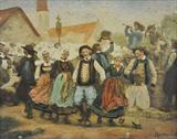 MOSTLY HAND-PAINTED SCENE OF VILLAGERS DANCING.
SGD. "SAP DEGRALLA".