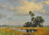 Albert E. Backus Oil Painting of Palm Trees & Sky.