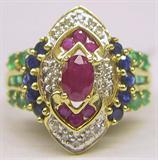 14K Ladies' Ring w/Rubies, Diamonds, Sapphires & Emeralds.
