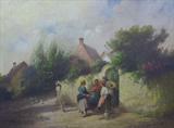 OIL ON CANVAS OF LANDSCAPE W/PEASANTS. SIGNATURE IS INDECIPHERABLE. MEASURES 21 1/2" X 29 1/2".