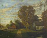 OIL ON BOARD- FARMHOUSE & GEESE. SIGNED LEO VAN HEININGEN. DATED 1938. MEASURES 16 1/2" X 20 1/2".