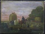 ANTQ. UNFRAMED OIL PAINTING- FARM SCENE W/HORSES. APPEARS TO BE ON A THICK PAPER, WHICH IS ATTACHED TO WOOD. IT IS UNSIGNED. MEASURES 7" X 9 1/2".