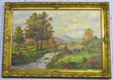 OIL ON CANVAS SGD. T. VAN TAPP. LANDSCAPE W/LAKE AND SMALL WATERFALL OR BROOK. MEASURES 23" X 35".