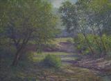 OIL ON CANVAS, LANDSCAPE, UNSIGNED. IN ORNATE GOLD FRAME. PAINTING MEASURES 14 1/2" X 19 1/2".