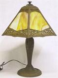 SLAG GLASS LAMP W/TRIANGULAR-SHAPED SHADE. LAMP MEASURES 21" TALL. BOTTOM OF SHADE MEASURES 16" ACROSS.