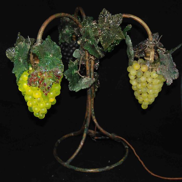 Antique grape lamp, Bronze base, three bulb, hand blown grape leaves, Would be wonderful for a wine bar.
Condition: Very Good - will need to be rewired - has original wiring
Shipping: Call for quote
Size: 20"