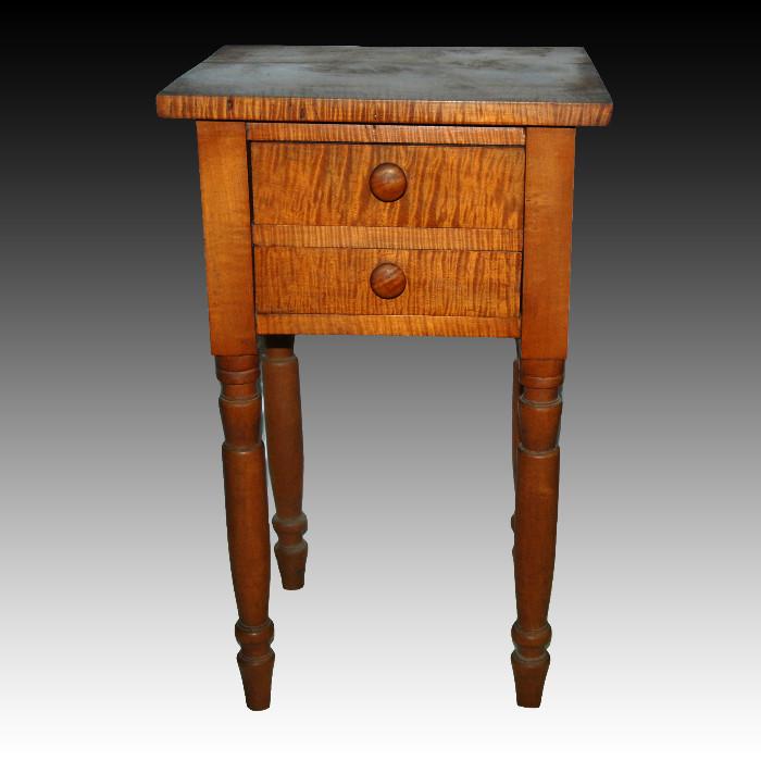 Antique Tiger Maple two drawer side table with hand turned legs; one of two
Condition:Very Good
Shipping: Please contact for estimates
Size:27" x 15" x 18"