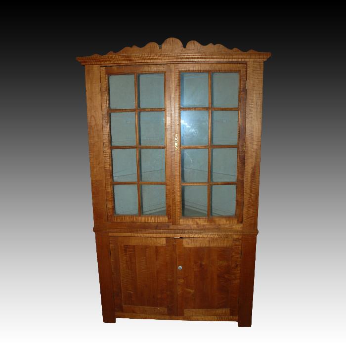 Mid 19th century Penn. Curly Maple, sixteen glass pane corner cabinet, newer hinge and latches
Condition: Very Good
Shipping: Call for quote
Size: 75"T x 28W(corner to edge) 
