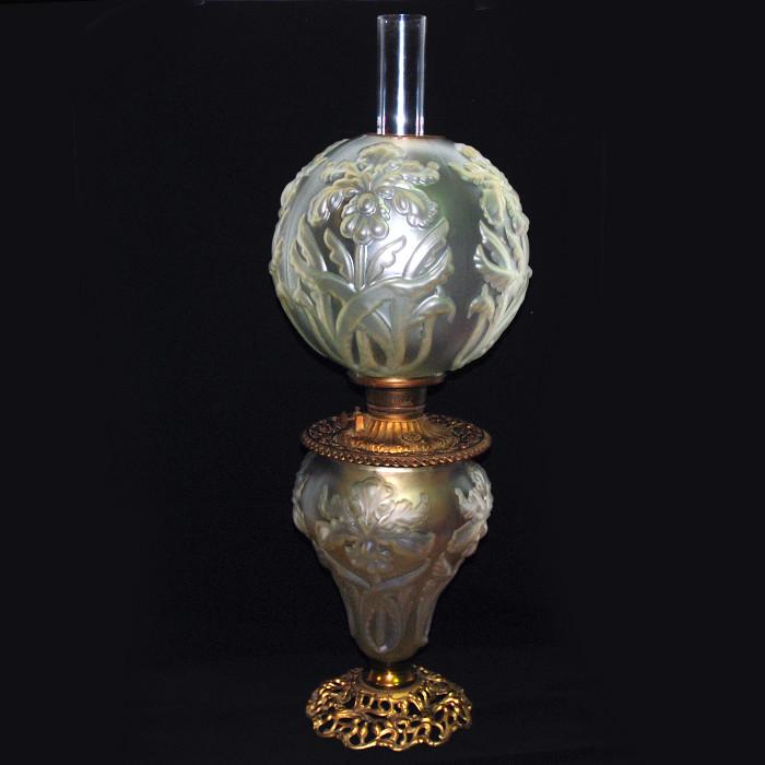 Antique Consolidated Satin Iris Art glass banquet height oil lamp, all believed to be original
Condition: Very Good
Shipping: Call for quote
Size:30"