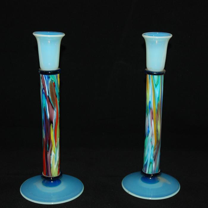 Pair of Antique Hand Blown Art Glass Candlesticks Marked Fry. Colorful swirl pattern with opalescent glass base and tops.
Condition: Very good
Shipping: Yes
Size: 11"