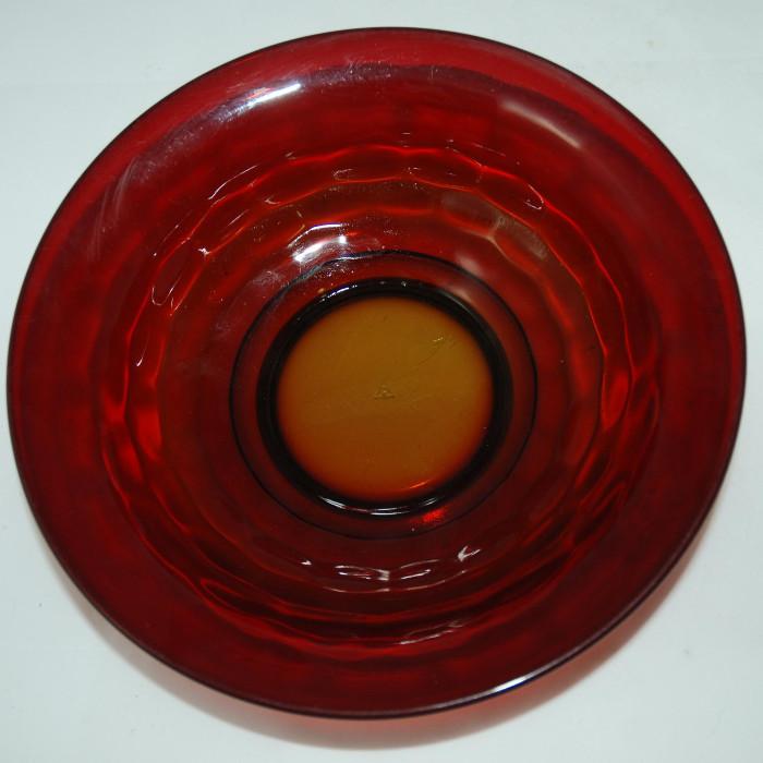 Hand blown Amberina flat console bowl with thumbprint design marked
Condition: Very Good
Shipping: Yes
Size: 