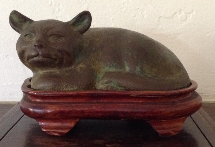 Chinese Bronze Cat on Fitted Stand