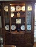 Dining Suite - Breakfront holds Heraldic Shield Porcelain Plates, Antique Glass, Art Glass & Crystal