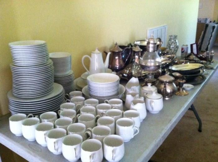 Huge set of formal fine china, 12+ settings with service pieces. Silver pieces and trays.