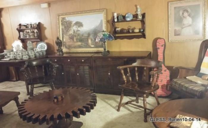 More Ethan Allen Antiqued Pine (Revolving Cogweel Table, Captain Chairs, Cabinet with Shutter doors and Stereo Cabinet in background)