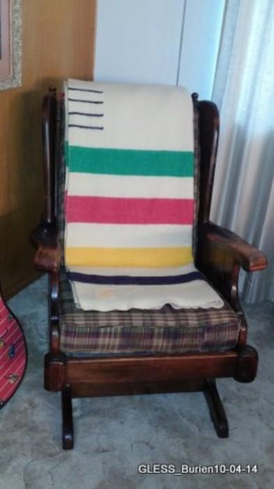 Ethan Allen Wing Chair Rocker, 4 Point Hudson Bay Wool Blanket (full size).