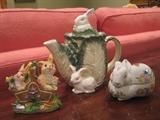 bunnies in tea pots, baskets and boxes