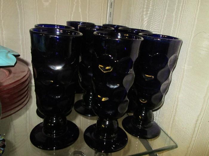 SIGNED FRANCE QUALITY DARK ROYAL BLUE  HEAVY WEIGHTED WATER GOBLETS 