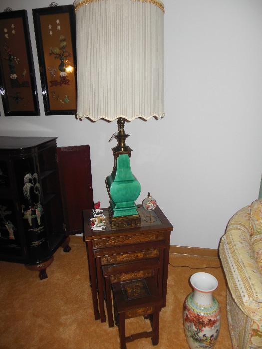 Vintage Steiffel enamel Lamp Silk Shade.4 Hand Carved glass top Nesting Tables