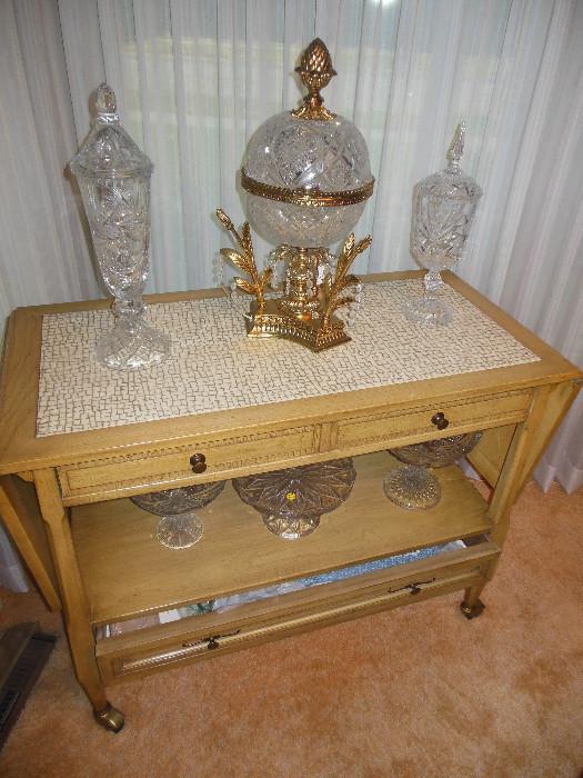 White Furniture Mid Century Traditional Serving Cart with Drop Leaves, Drawer.Tile Top
