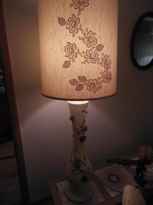 Vintage Porcelain Rose/vine Lamp with Hand Painted Roses on Shade