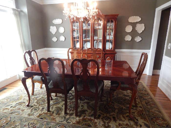 Beautiful dining room set Table 43" x 79" with 2 additional 15" leaves. 6 side chairs - 2 arm chairs - China cabinet - server - custom table pads  