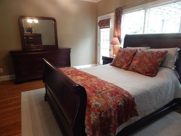 Sleigh bed - double dresser - mirror - two nightstands, upright 5 drawer chest and sweater chest