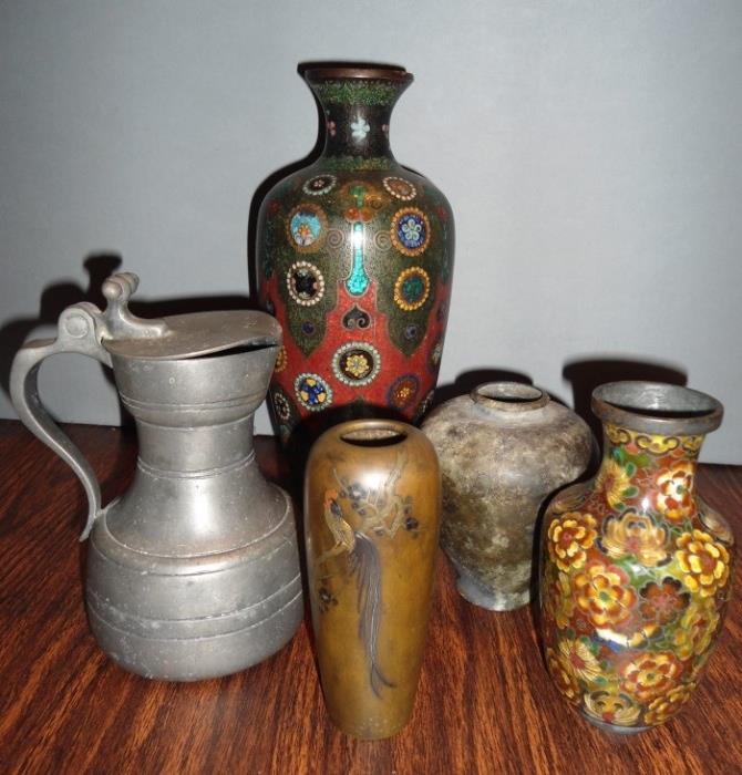 Selection of metal pieces including Cloisonne`, pewter, bronze, brass, mixed metals.