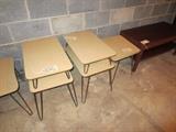 Mid century blond formica tables with hairpin legs.
