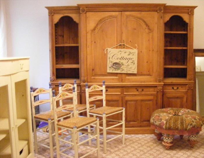 Pine 3 Pc Wall Unit Bookshelf with Drawers and Cabinets(Antiques on Old Plank) Hand Painted Country French STools