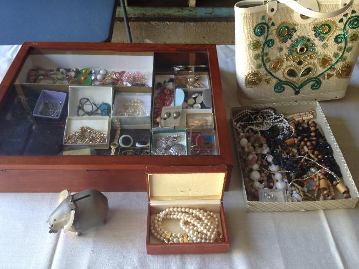 vintage costume jewelry, Triffari, pearls, 60's purse