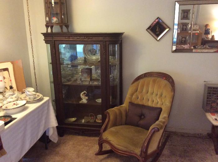 Victorian Bowfront Chest with Collectibles, Vintage Rocking Chair
