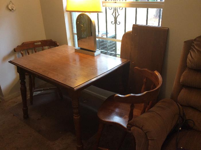 Small Wooden Table, Chairs and Unusual Lamp
