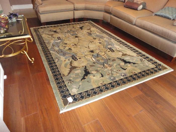Tibetan hand hooked rug - 6' x 8'; glass coffee table with faux gold base (very heavy)