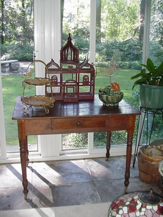 19th century or earlier farm table, bird house, fountain, and table top server