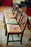 Hallmark Quality Furniture 1940's mahogany veneer dining chairs, set of 4 with original needlepoint seat covers.