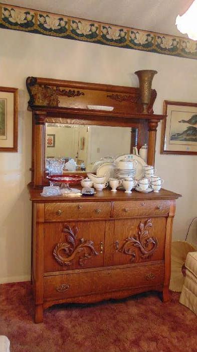 Antique Tiger Oak Sideboard and Wedgewood China