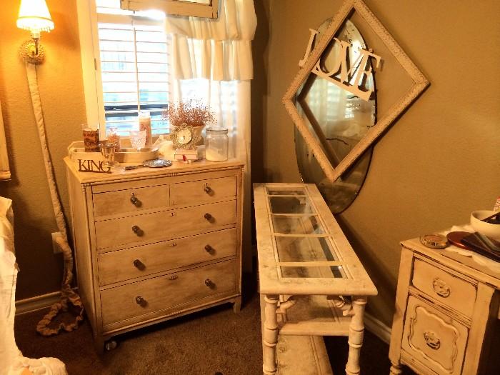 painted chest of drawers, painted sofa table, vintage lighting, frames, mirror