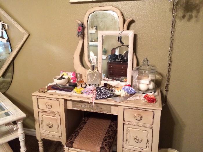 painted antique dressing table, mirrors, foot stool