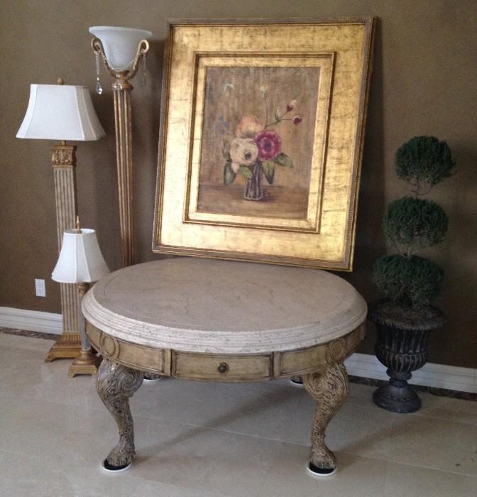 Gorgeous Marble Topped Coffee Table and End Table, Topiary, Floor Lamps, Art
