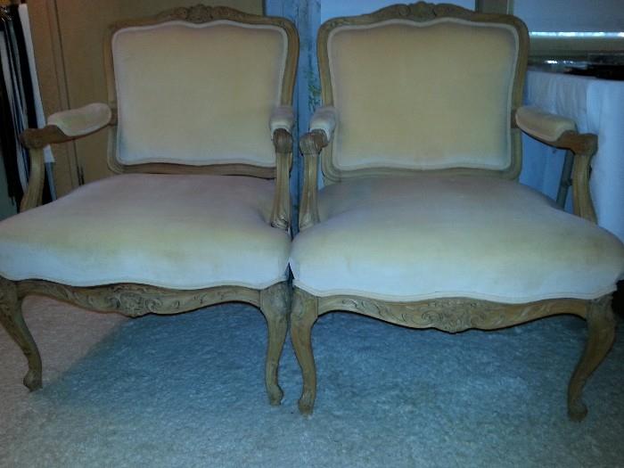 Pair 1920's Louis XV style armchairs with hand carved frames