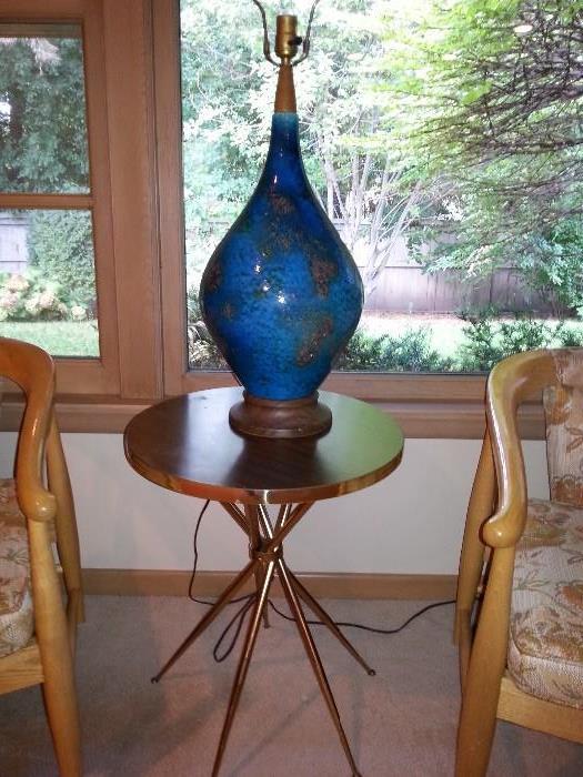 Vintage ceramic lamp, one of a pair of mid-century brass tables