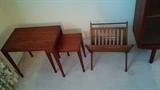 Nice pair of Mid-Century Danish teak nesting tables; sad magazine rack feels lonely and needs friends.